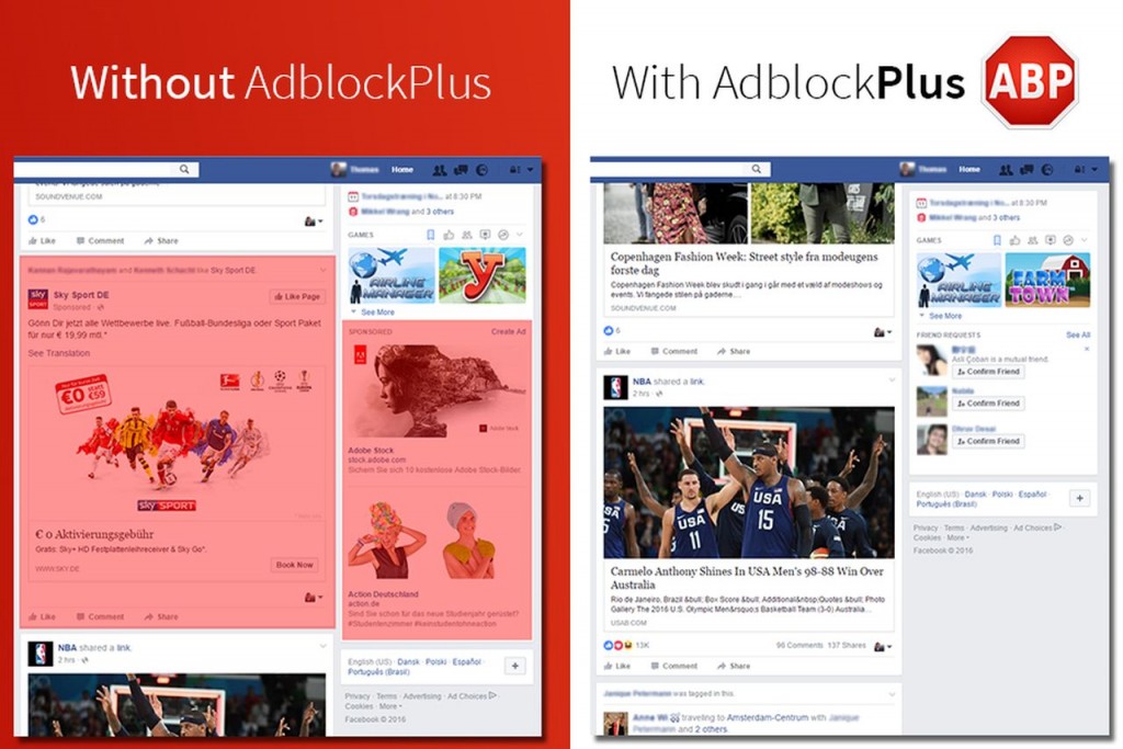 Παράδειγμα προβολής της ιστοσελίδας του Facebook με γνωστό λογισμικό ad-blocker